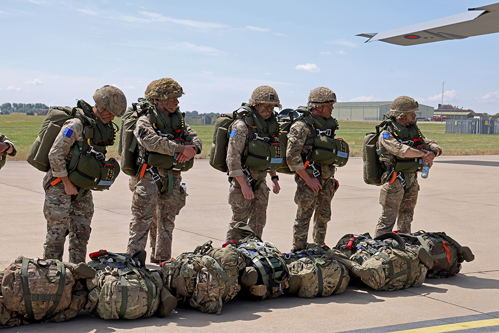 Paratroopers wait to board an RAF Atlas (A400M)